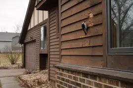 Cedar Siding House With Woodpecker In Midwestern Snow