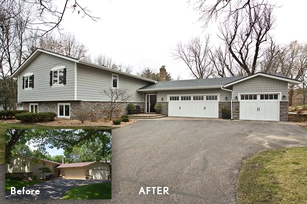 COTY Award Winning Exterior Transformation - James Hardie Lap & Shake, Stone, Marvin Windows with Custom Trim & Shutters, OC Duration Roof