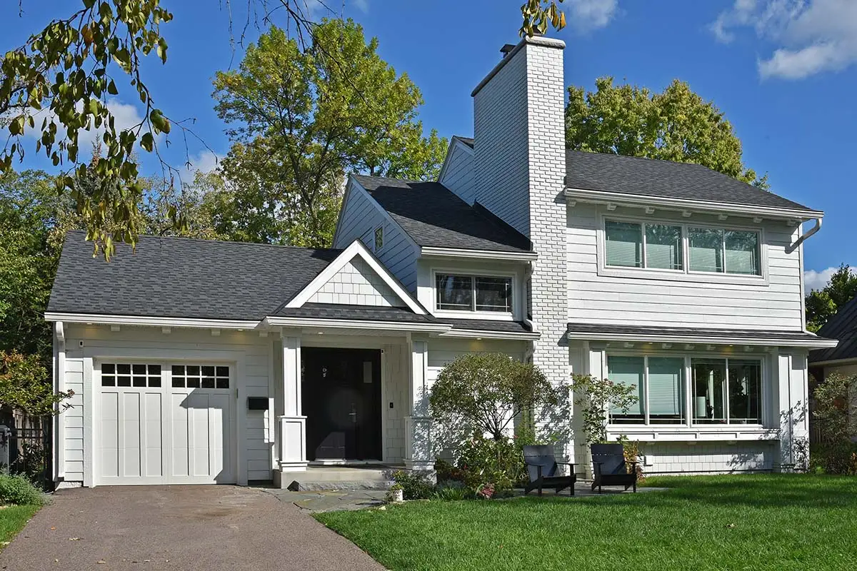 Roofing GAF Timberline HD AR Charcoal, Siding James Hardie HZ5 HardiePlank Cedarmill Lap Siding Arctic White, HardieShingle Straight Edge Siding Arctic White, HardiePanel Cedarmill Vertical Siding Arctic White