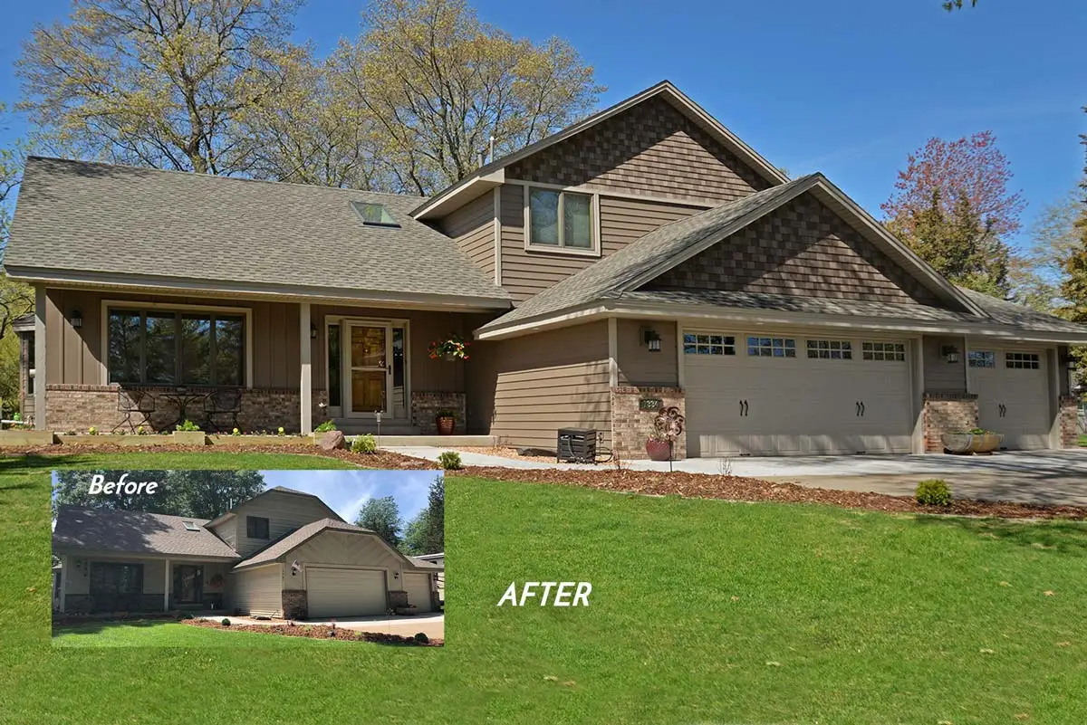 Roofing GAF Timberline Weathered Wood, Siding EDCO Entex Timber, CertainTeed Board and Batten Timber, CertainTeed Cedar Impressions Sawmill Rustic Blend, Windows Andersen 400 Series, Before After