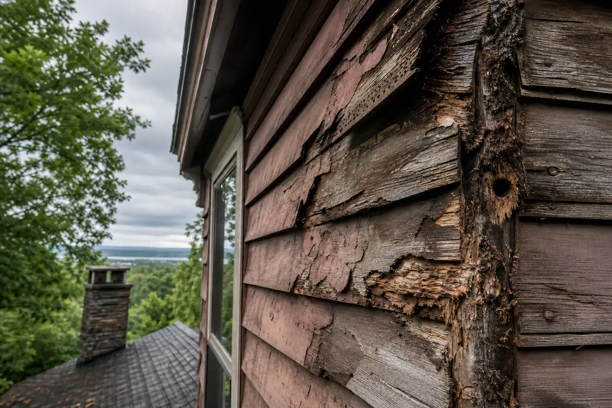 Weathered Cedar House With Peeling Paint And Siding